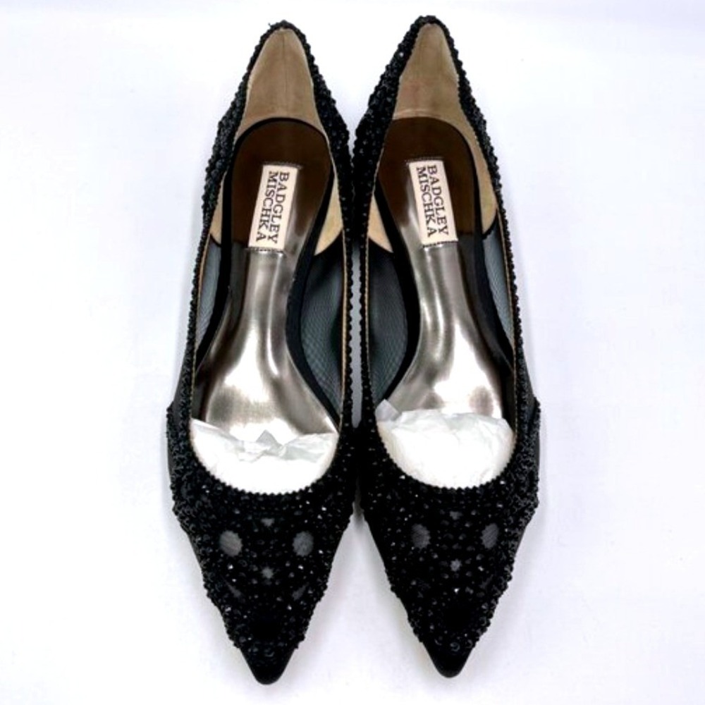 Badgley Mischka BHLDN Size 8 Gigi Pointed Toe Jeweled Black Ballet Flats Shoes